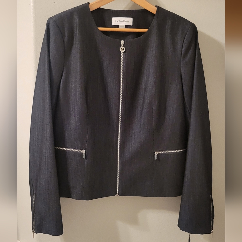 New with Tags NWT Calvin Klein Women' Navy Blue Suit Jacket with POCKETS Sz 14.
